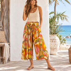 True Destinations Wide Leg Pants M Multicolor Retro Abstract Boho Palazzo Coast
